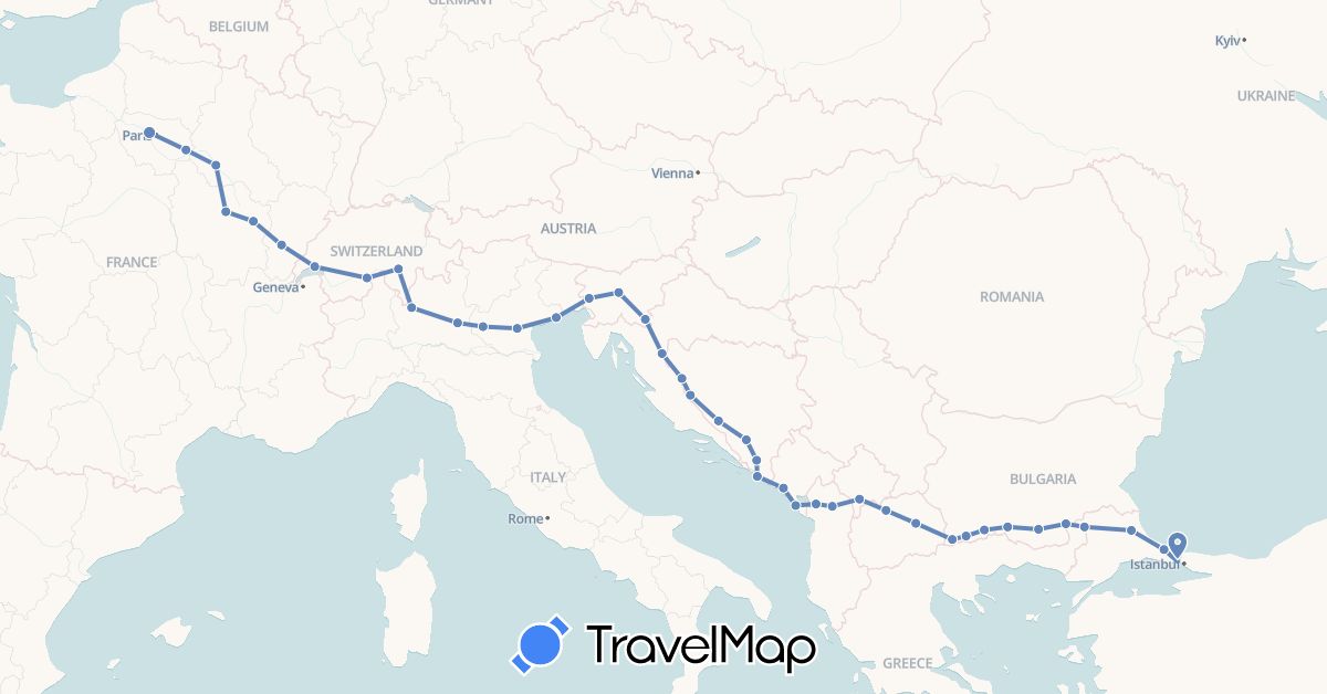 TravelMap itinerary: driving, cycling in Albania, Bosnia and Herzegovina, Bulgaria, Switzerland, France, Croatia, Italy, Montenegro, Macedonia, Slovenia, Turkey (Asia, Europe)